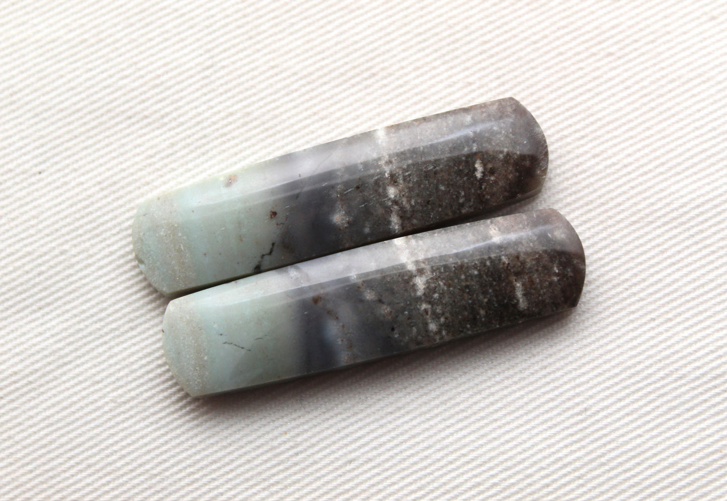 Long Pair of green Jasper Cabochons rectangle