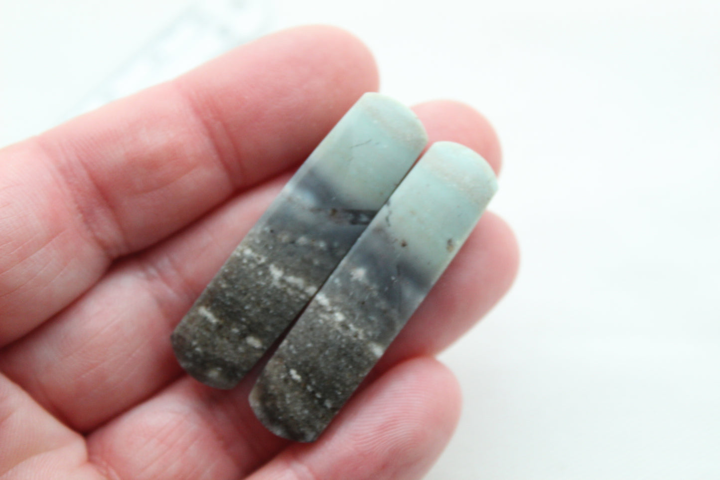 Long Pair of green Jasper Cabochons rectangle