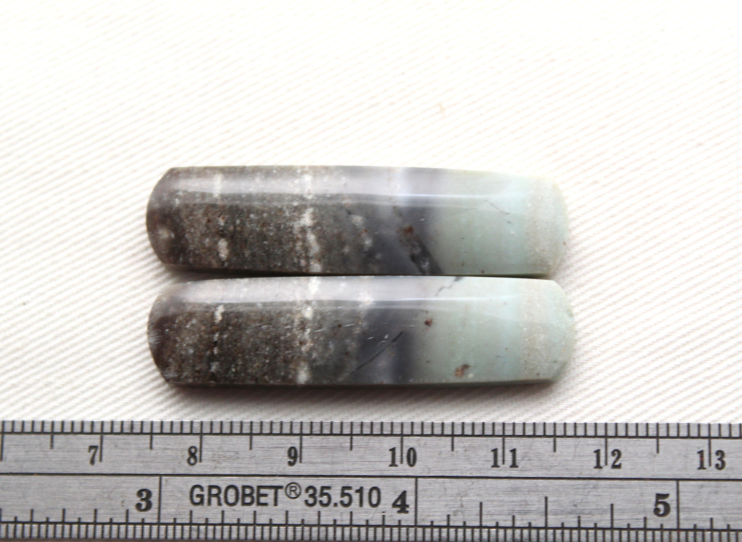 Long Pair of green Jasper Cabochons rectangle