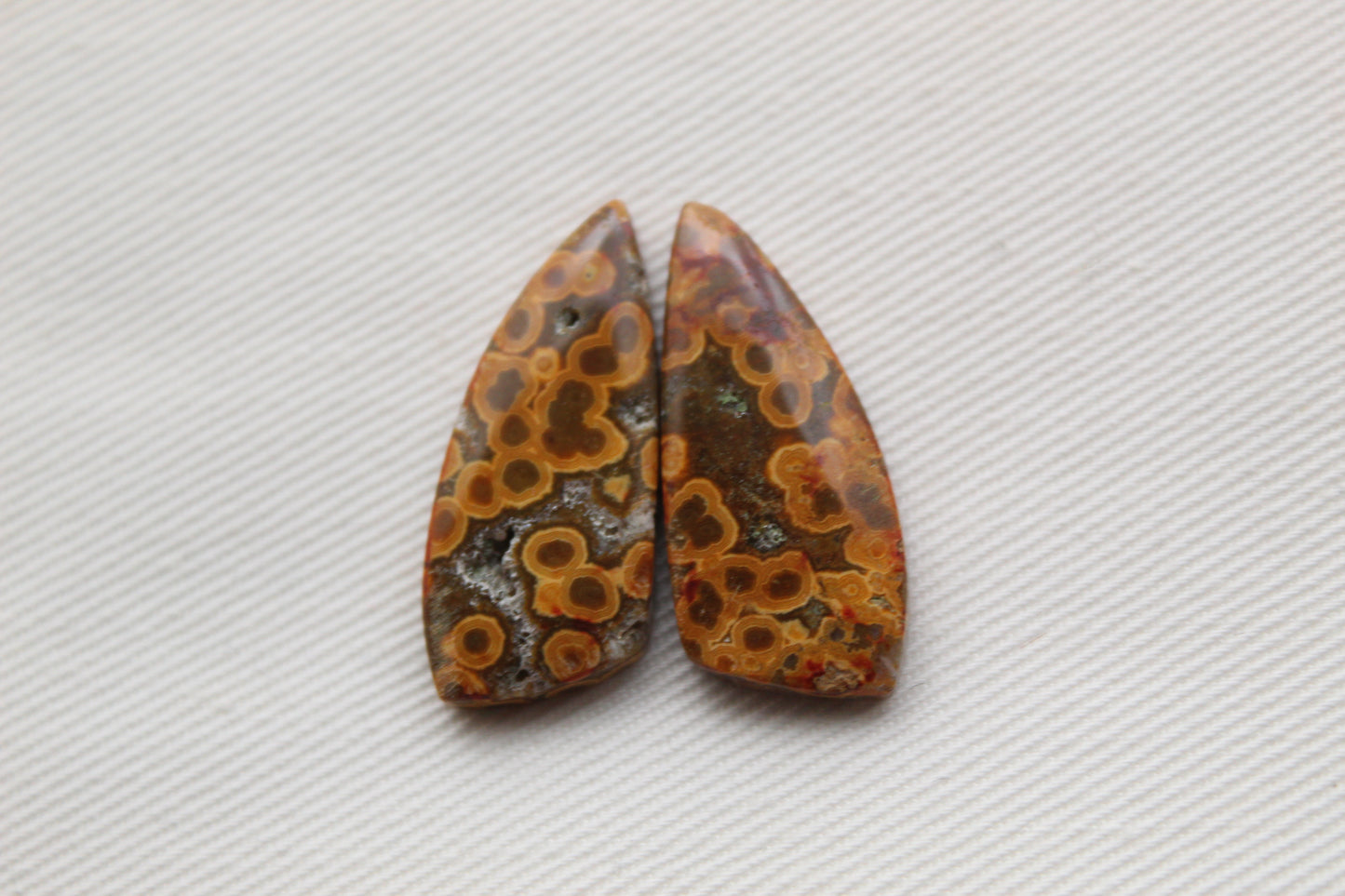River Jasper Cabochon Pair Gemstone green orange with druzy