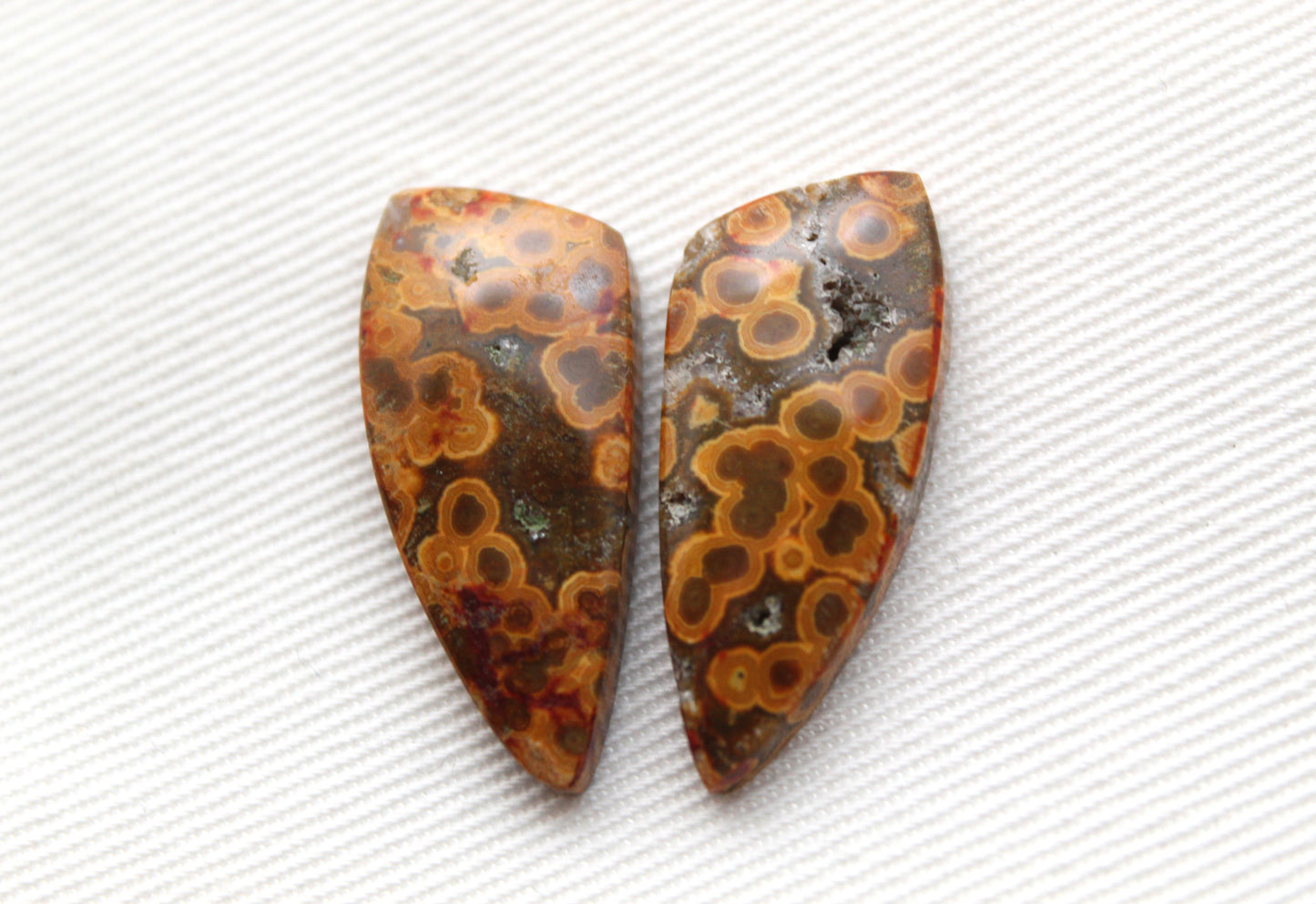 River Jasper Cabochon Pair Gemstone green orange with druzy