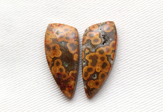 River Jasper Cabochon Pair Gemstone green orange with druzy
