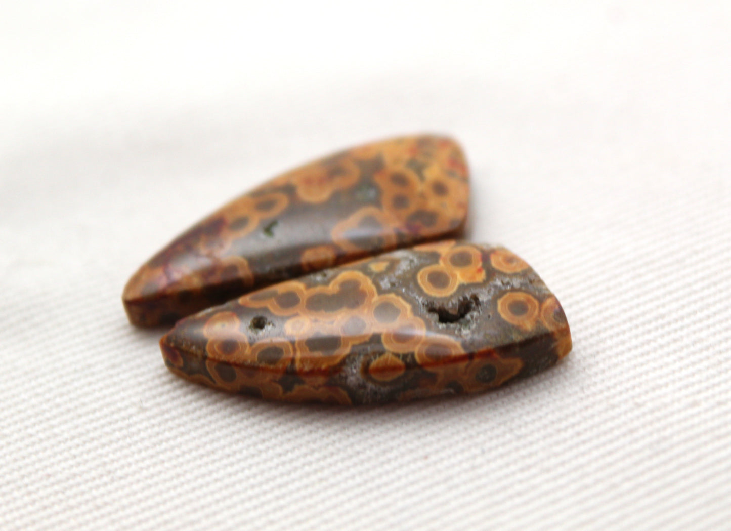 River Jasper Cabochon Pair Gemstone green orange with druzy