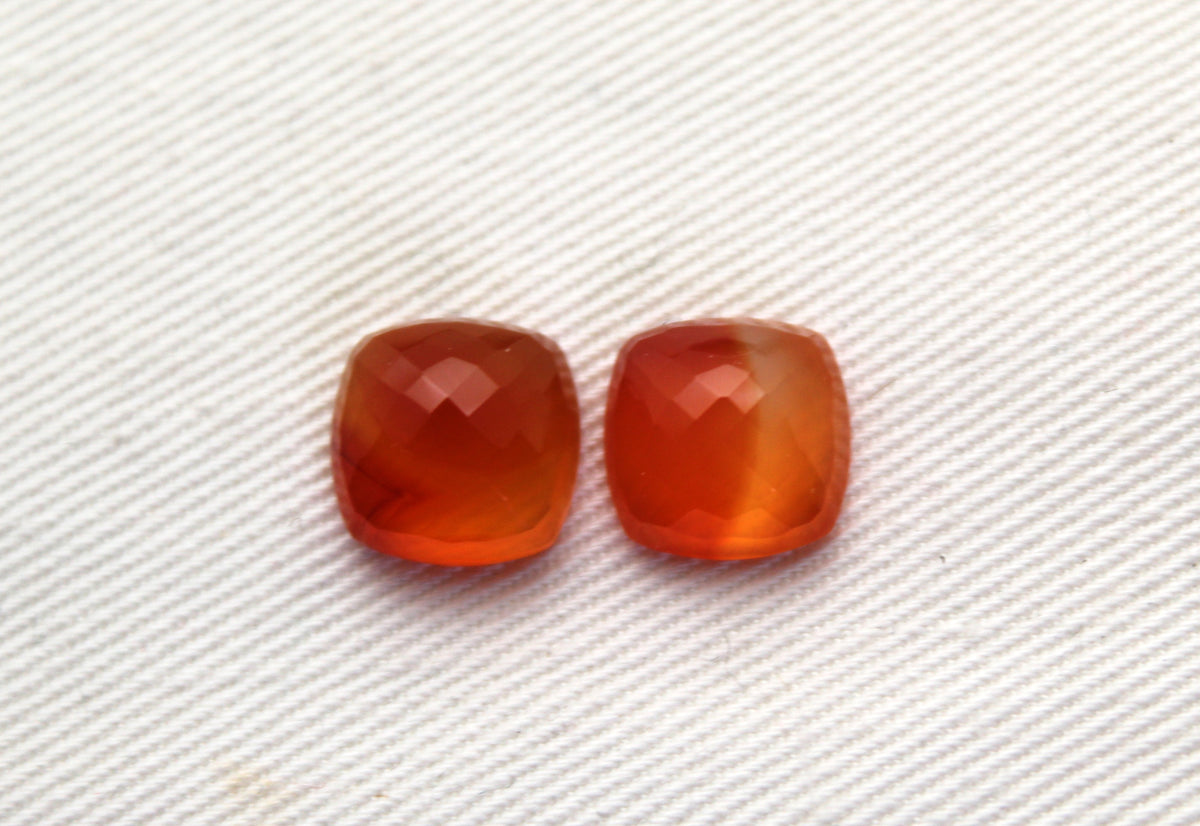 TWO Carnelian faceted cabochons Orange square cushion gemstones 10 mm