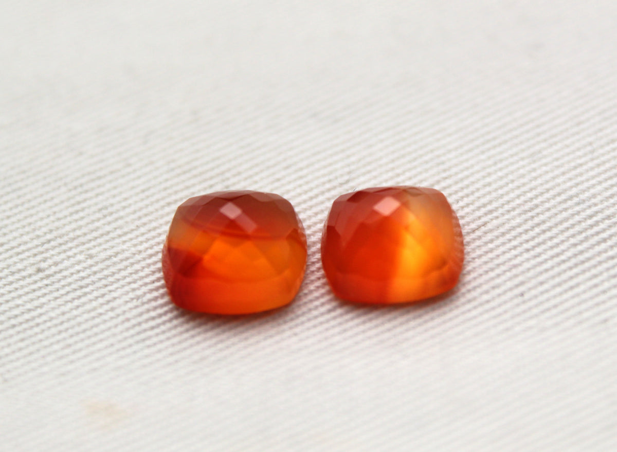 TWO Carnelian faceted cabochons Orange square cushion gemstones 10 mm
