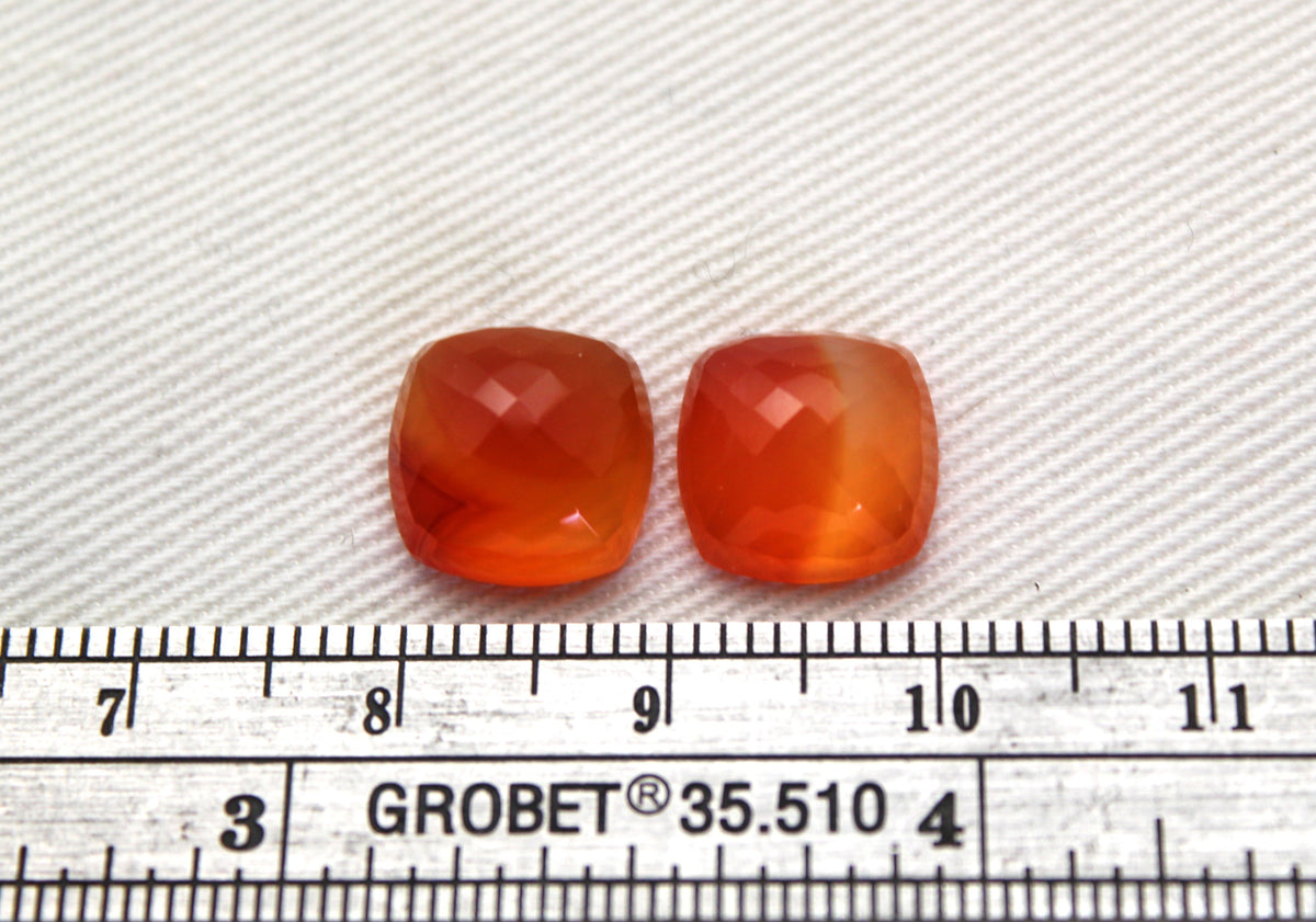 TWO Carnelian faceted cabochons Orange square cushion gemstones 10 mm