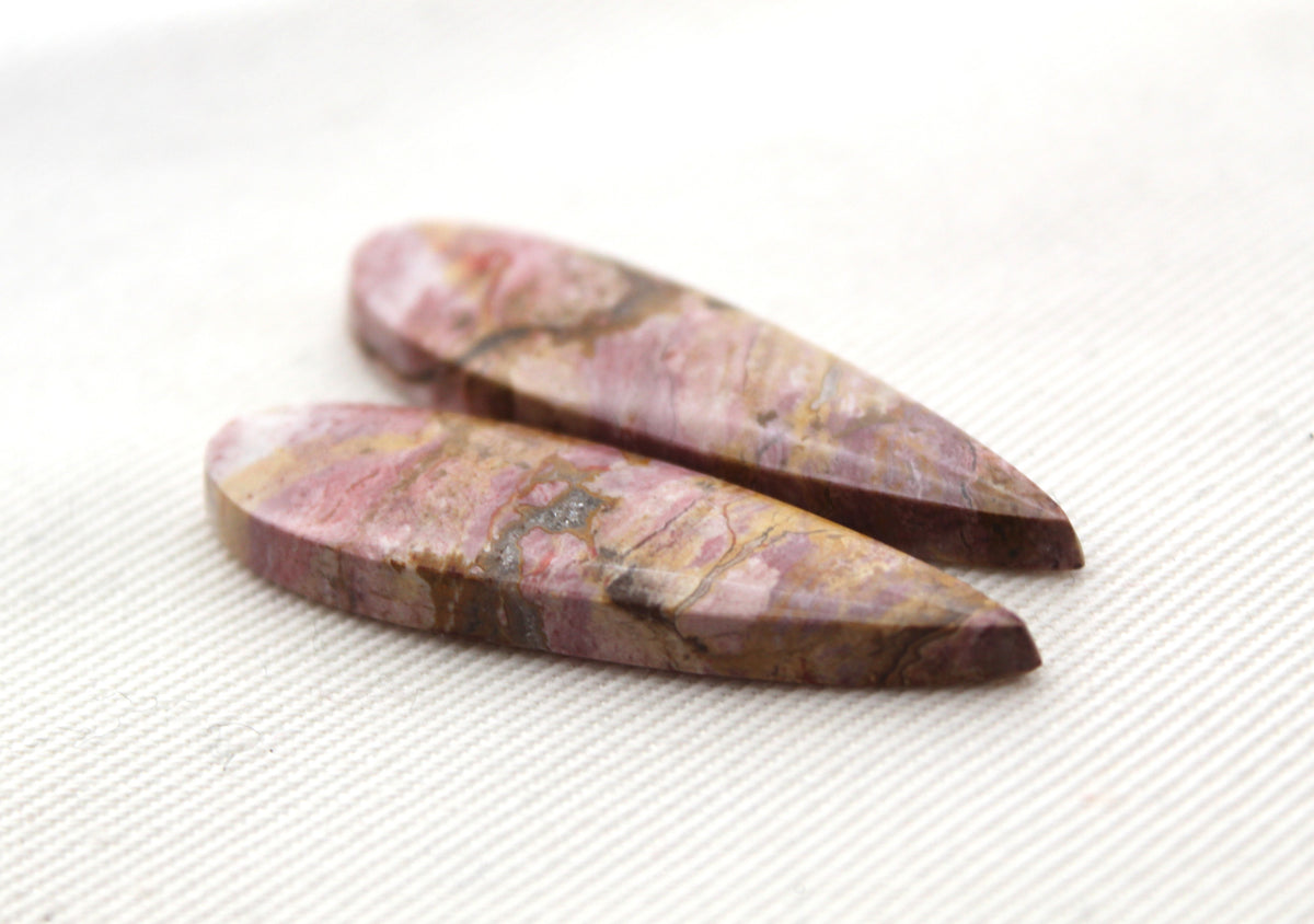 Pink Fossil Wood Pair of Gemstones cabochon natural teardrop