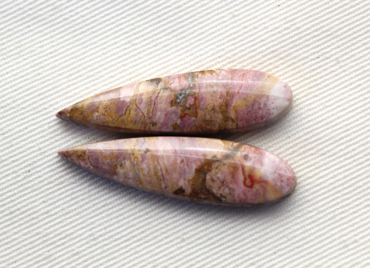 Pink Fossil Wood Pair of Gemstones cabochon natural teardrop