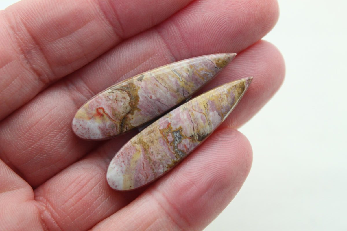Pink Fossil Wood Pair of Gemstones cabochon natural teardrop