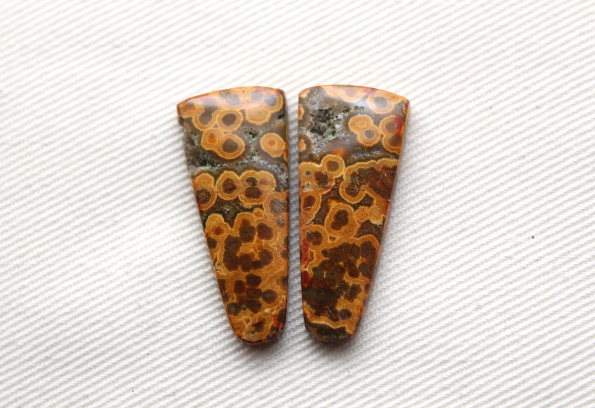 River Jasper Cabochon Pair Gemstone green orange with druzy