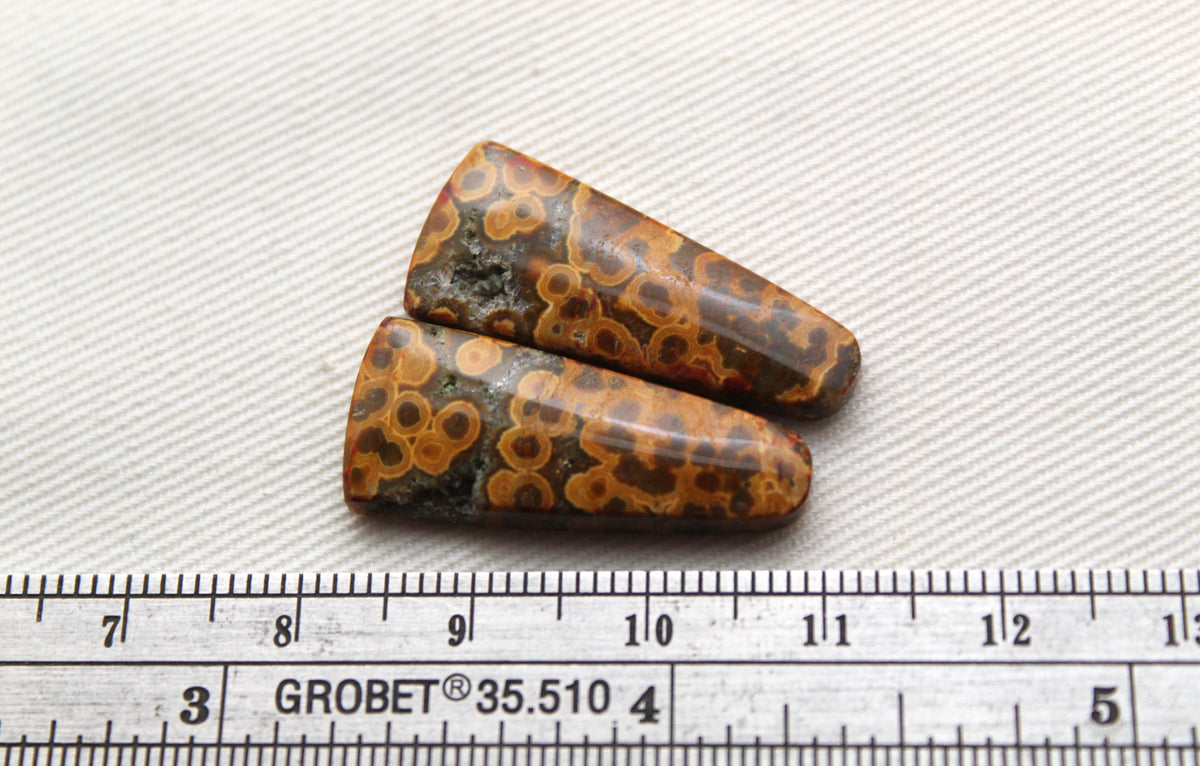 River Jasper Cabochon Pair Gemstone green orange with druzy