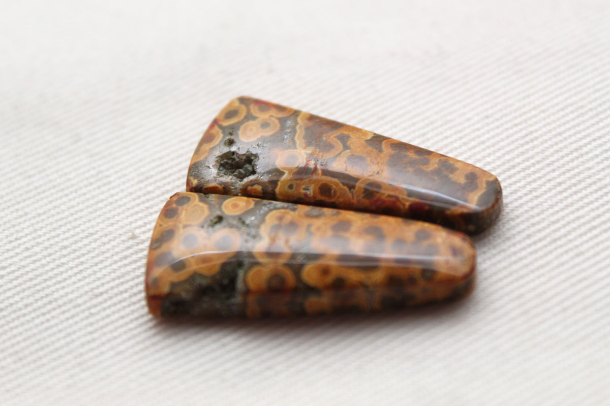 River Jasper Cabochon Pair Gemstone green orange with druzy