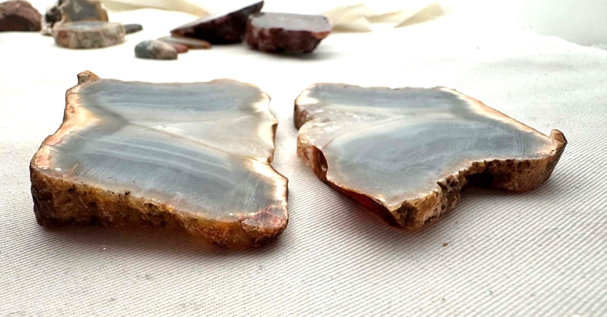 Lot of two Sumatra Agate Natural Stone Slabs blue grey