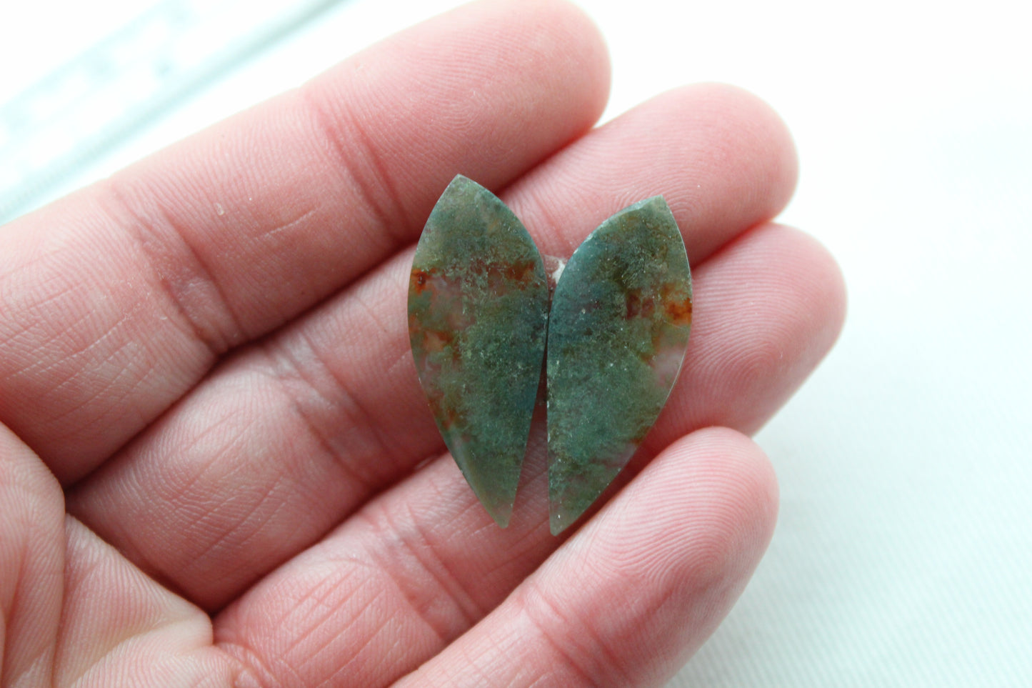 Thin Pair of moss Agate Cabochons petals