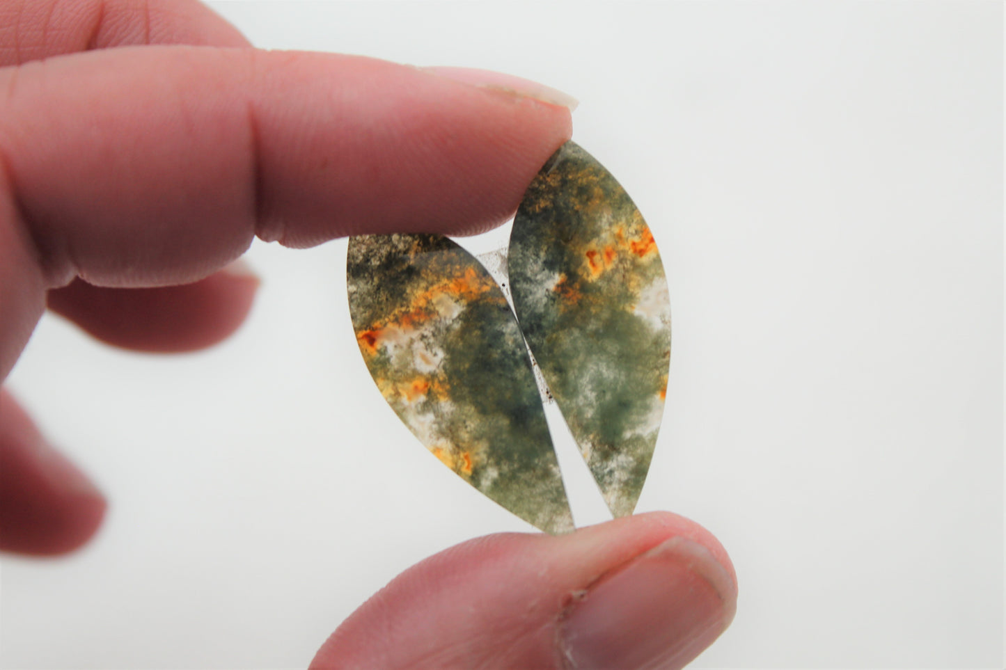 Thin Pair of moss Agate Cabochons petals