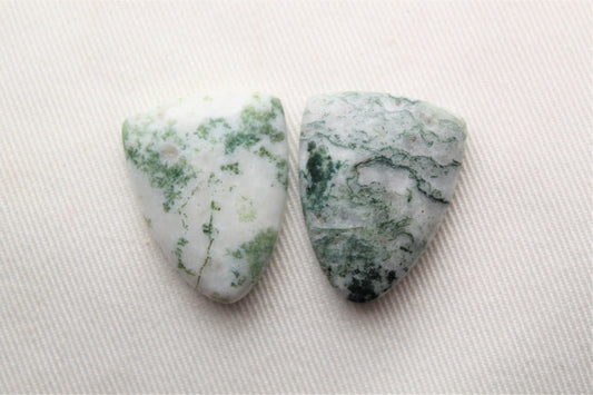 TWO Tree Agate Cabochon green white shield shape gemstone