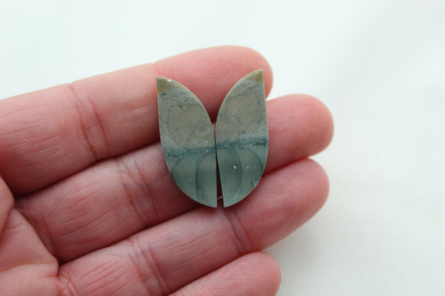 Thin Pair of green Jasper Cabochons