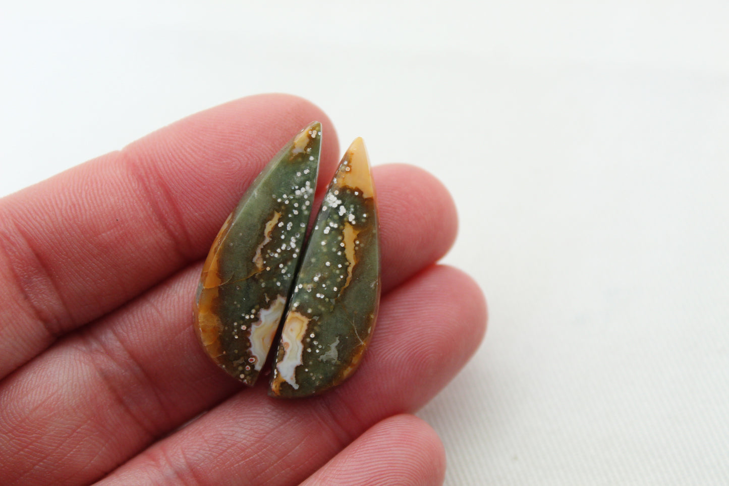 River Jasper Cabochon Pair Gemstone green yellow