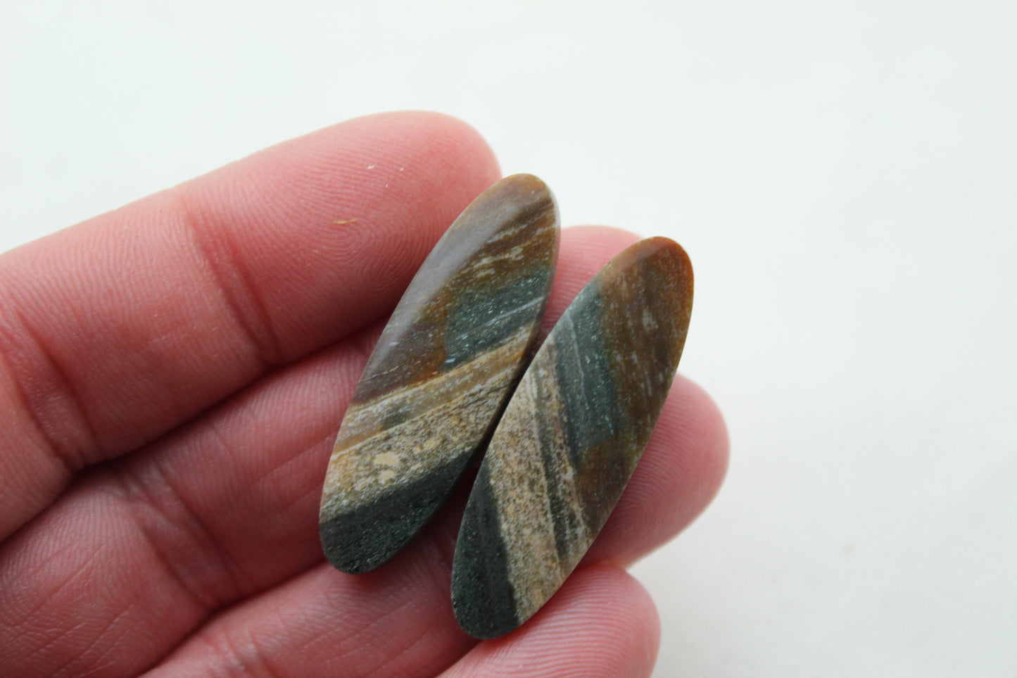 Pair of Indonesian Jasper Cabochons green beige brown Oval