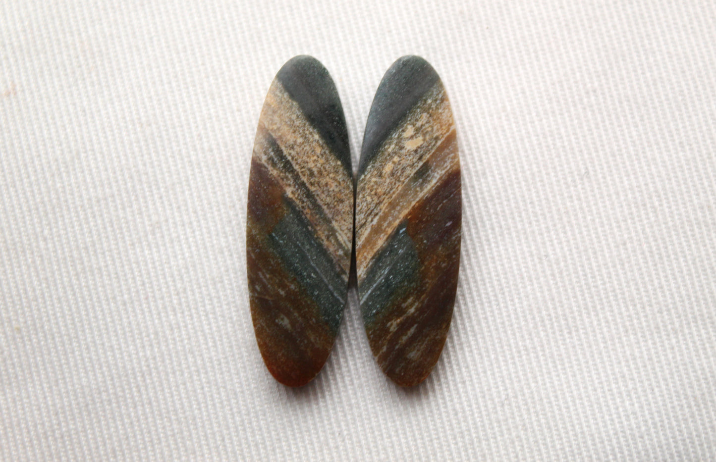 Pair of Indonesian Jasper Cabochons green beige brown Oval