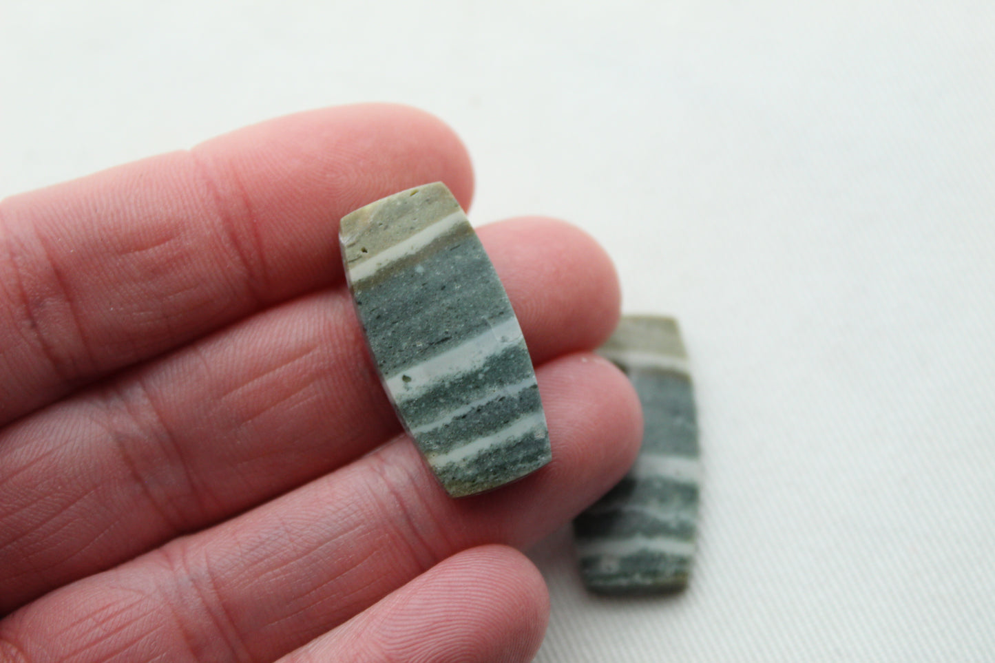 Pair of striped green Jasper Cabochons rectangle