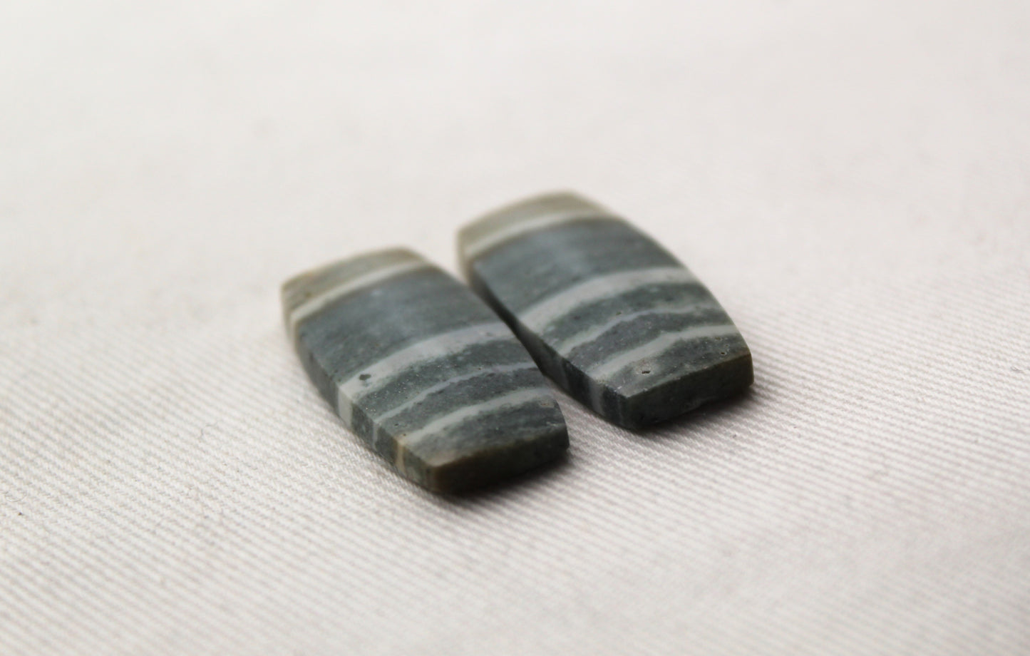 Pair of striped green Jasper Cabochons rectangle