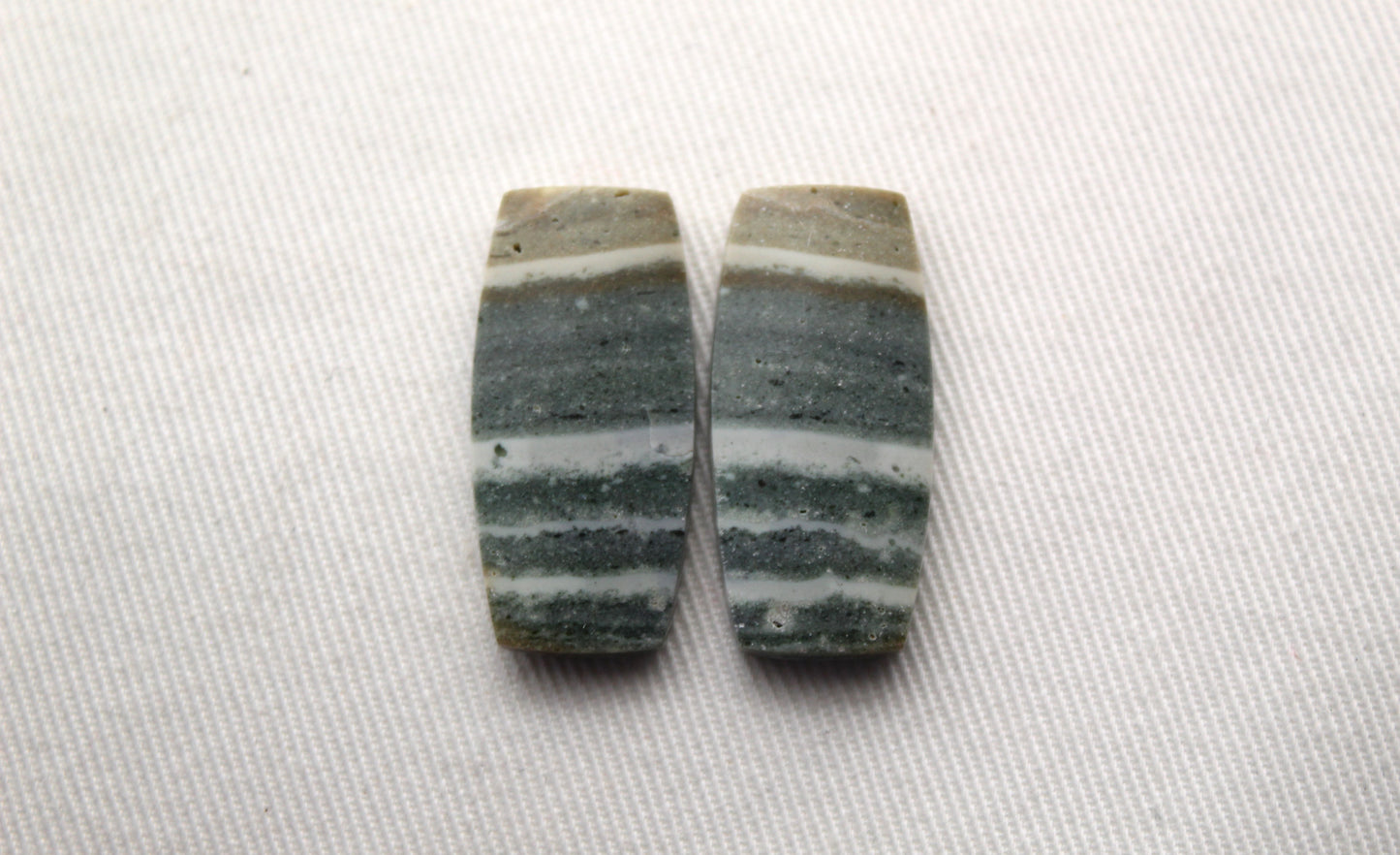 Pair of striped green Jasper Cabochons rectangle