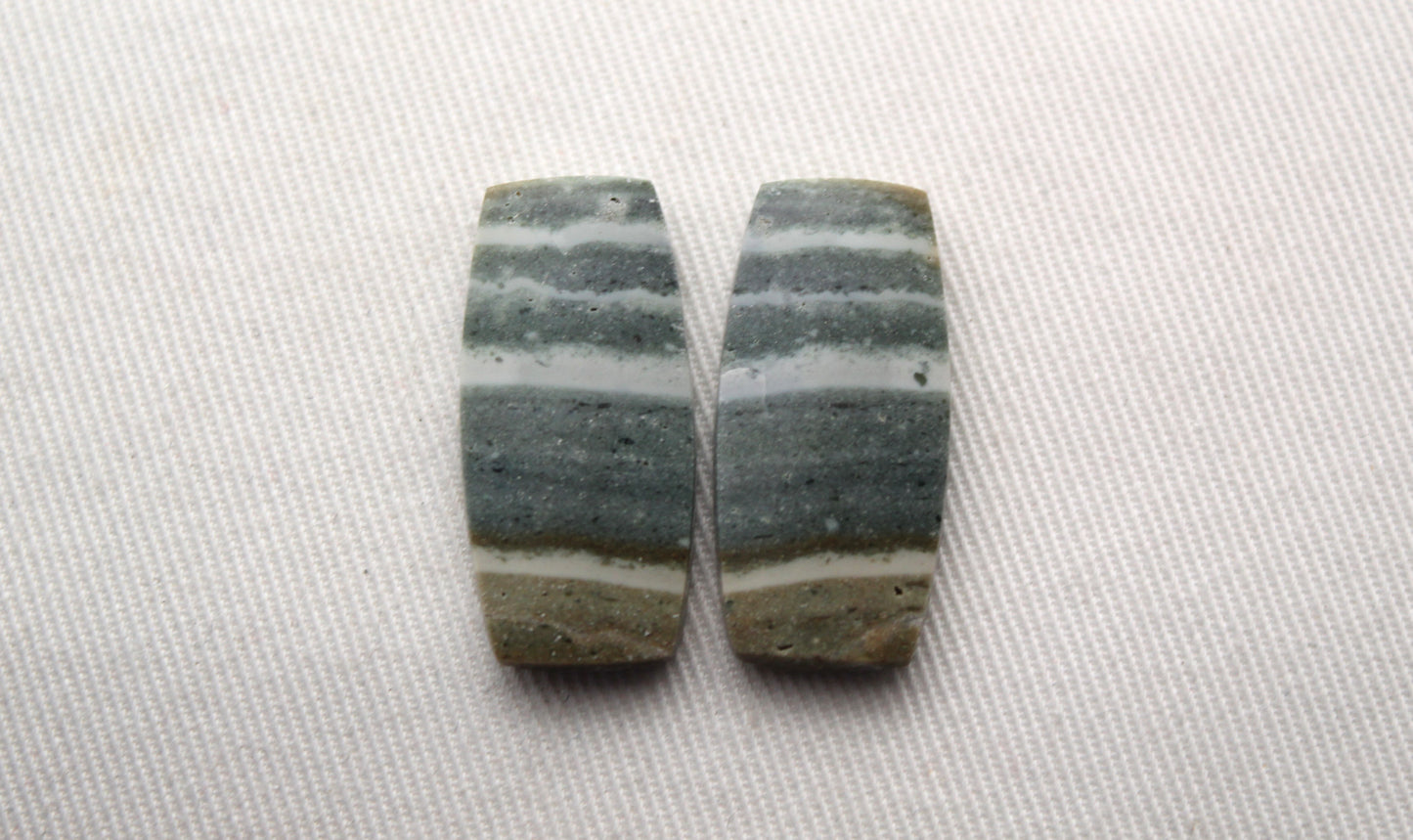 Pair of striped green Jasper Cabochons rectangle