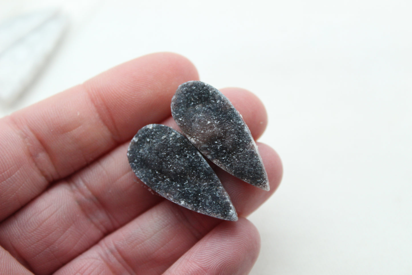 Black Druzy Pair Cabochons Drops