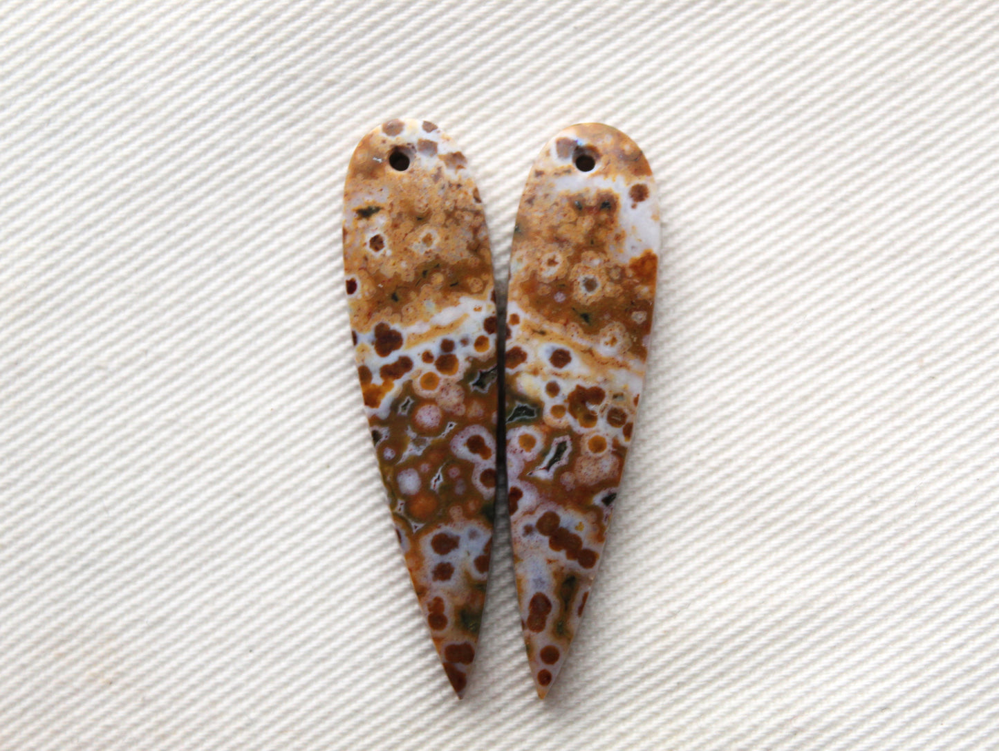 River Jasper Pair DRILLED brown teardrop