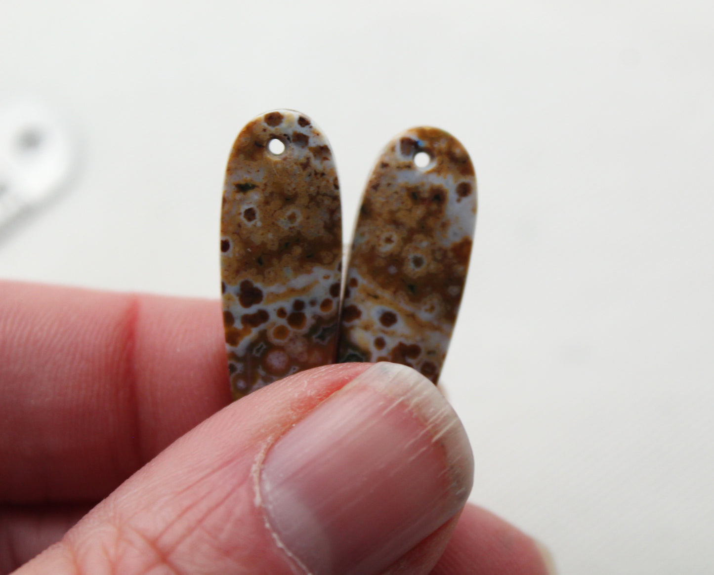 River Jasper Pair DRILLED brown teardrop