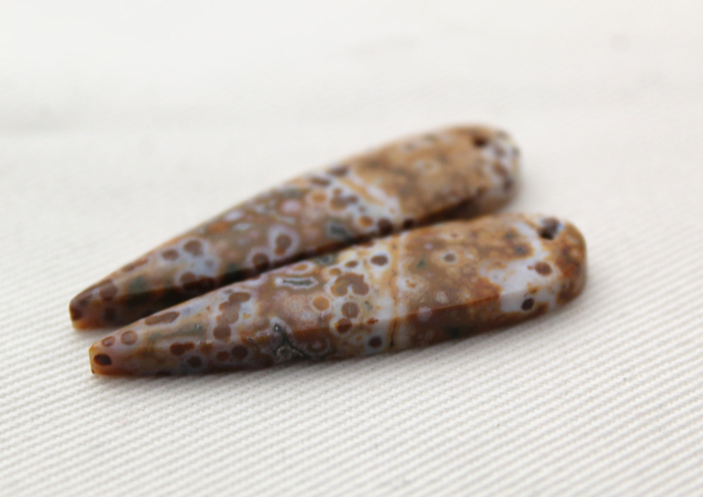 River Jasper Pair DRILLED brown teardrop