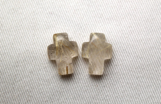 DEUX cabochons Quartz Rutile Pierres Gemmes Croix 12X16MM Aiguilles Dorées