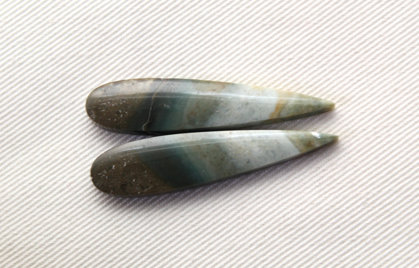 Long pair green Indonesian Jasper Cabochons
