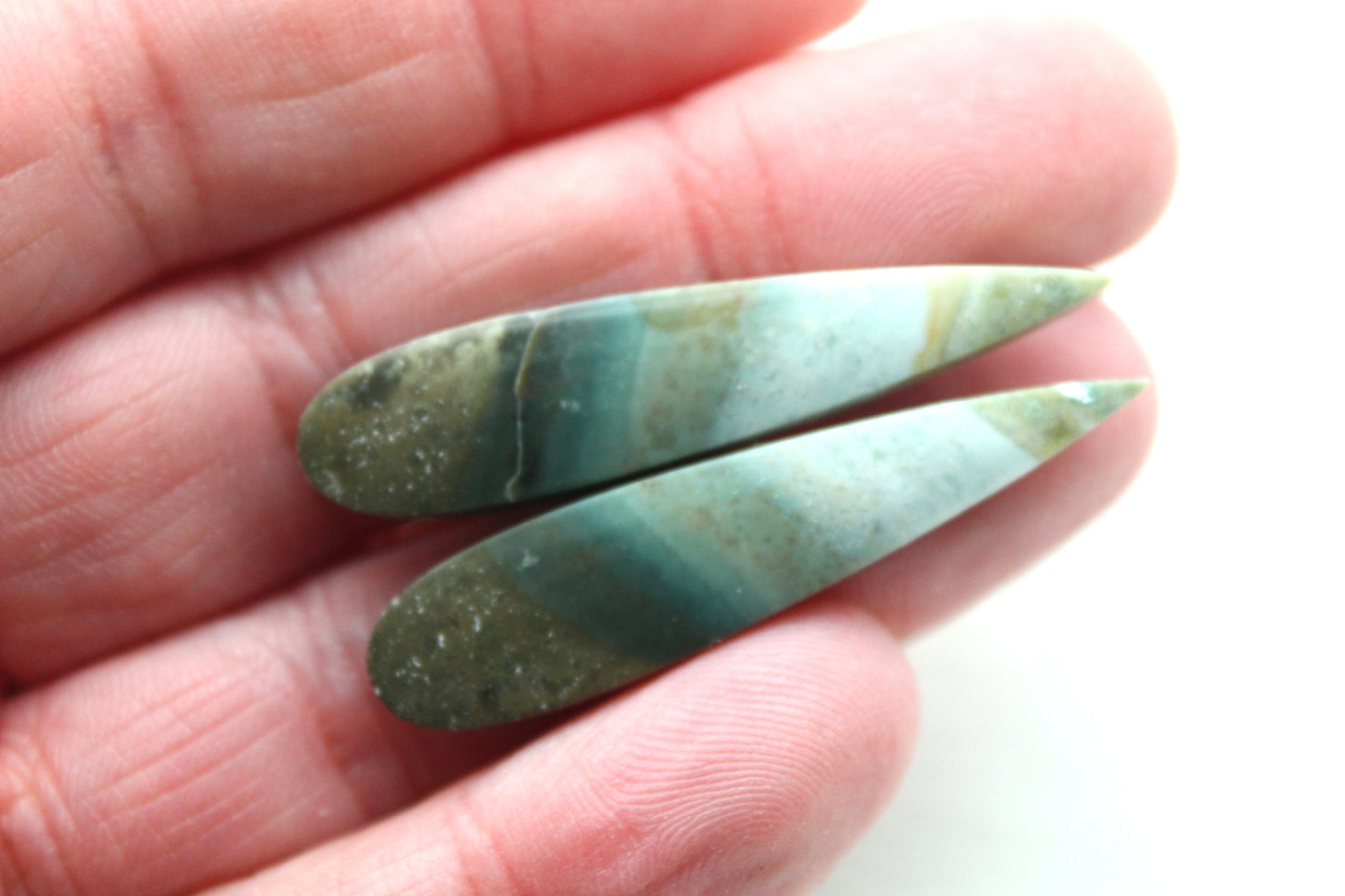 Long pair green Indonesian Jasper Cabochons