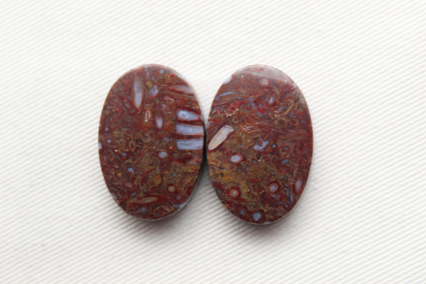 Stromatolite Cabochon Pair Gemstone red white Oval
