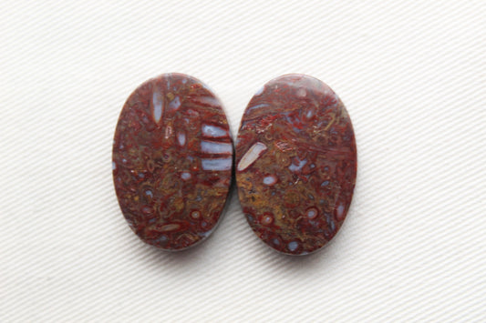 Stromatolite Cabochon Pair Gemstone red white Oval