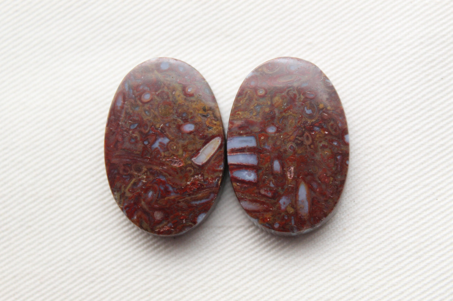 Stromatolite Cabochon Pair Gemstone red white Oval