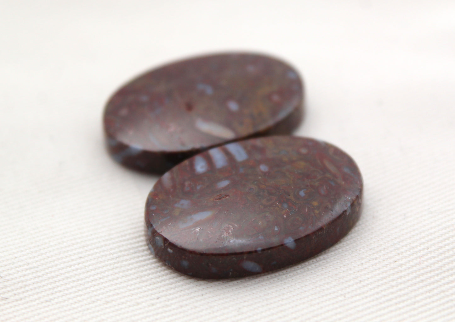 Stromatolite Cabochon Pair Gemstone red white Oval