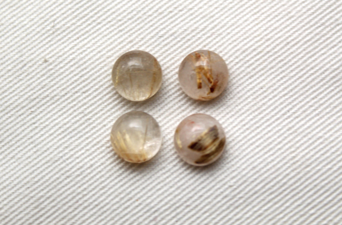 FOUR rutilated Quartz cabochons Round Gemstones golden needles 8MM