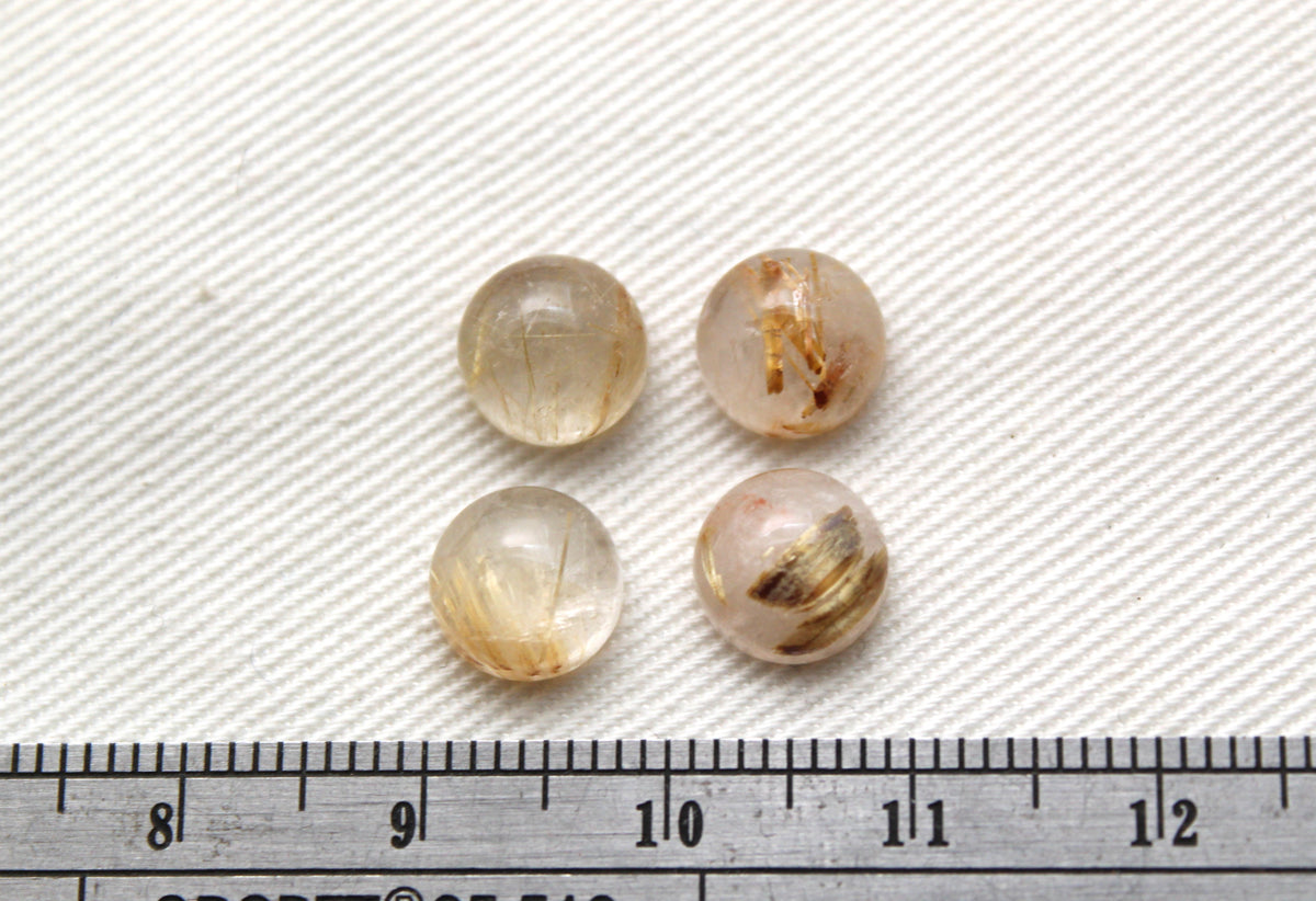 FOUR rutilated Quartz cabochons Round Gemstones golden needles 8MM