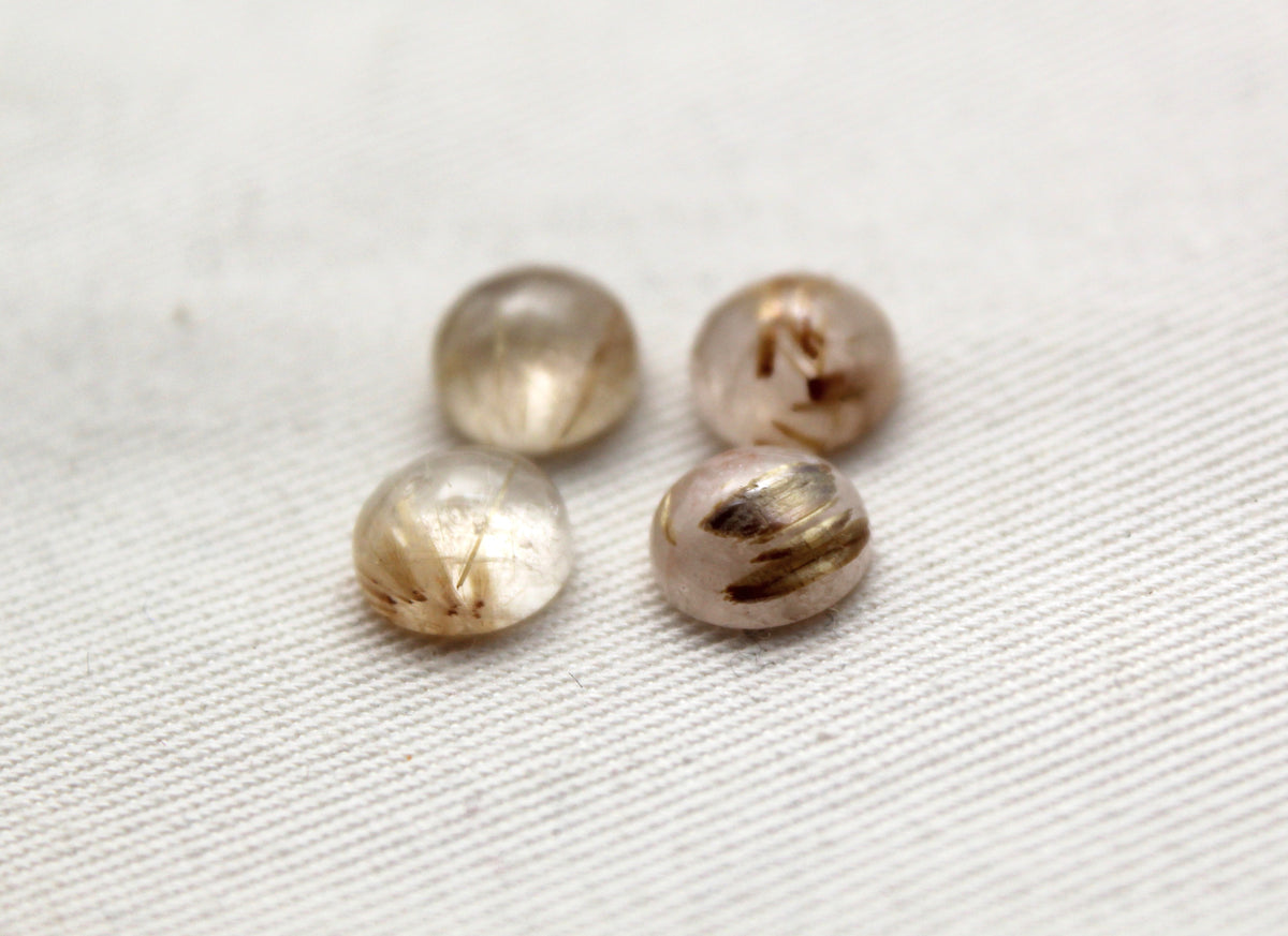 FOUR rutilated Quartz cabochons Round Gemstones golden needles 8MM