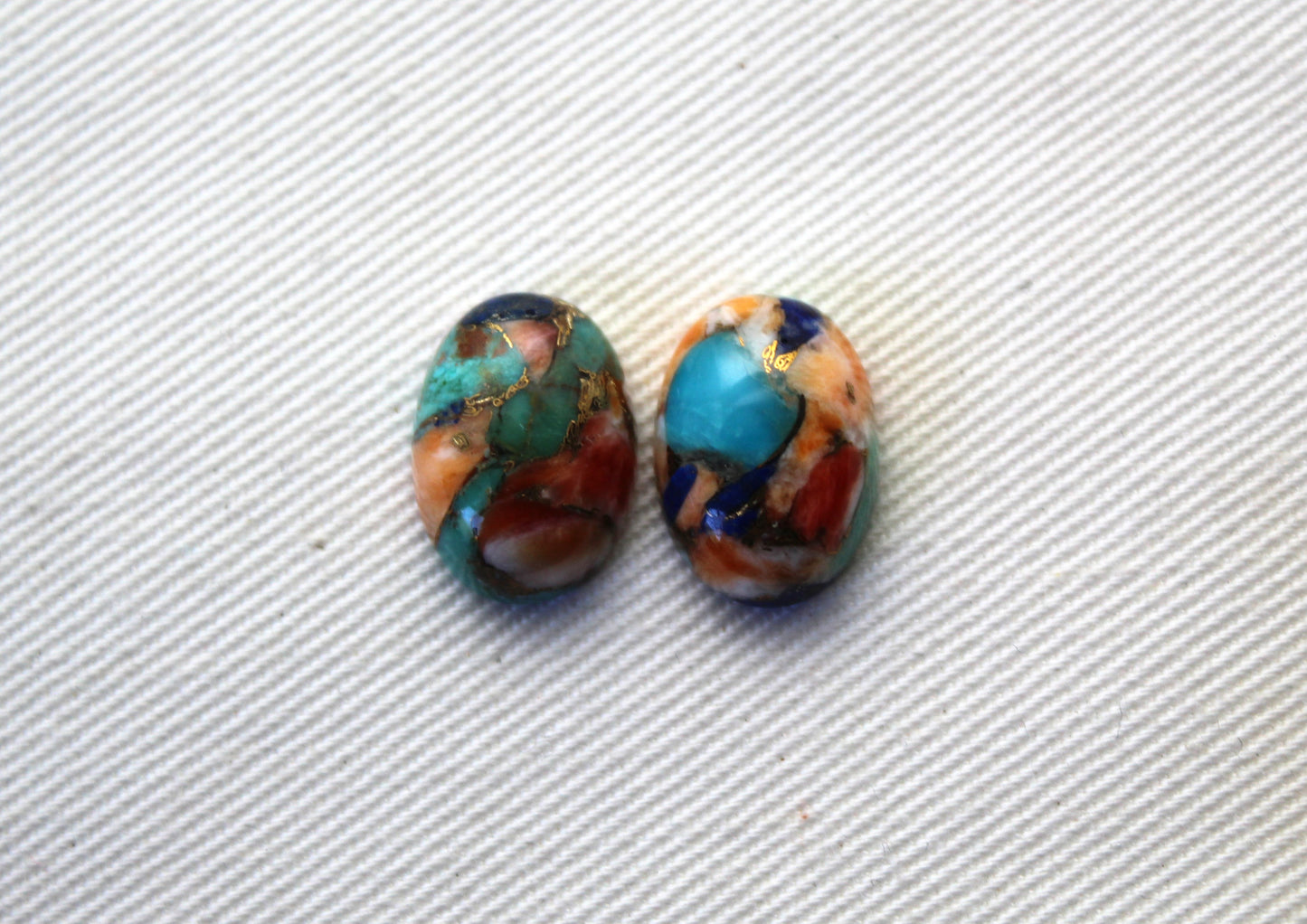 TWO Oval Compressed Turquoise lapis spiny oyster Cabochons 14X10MM