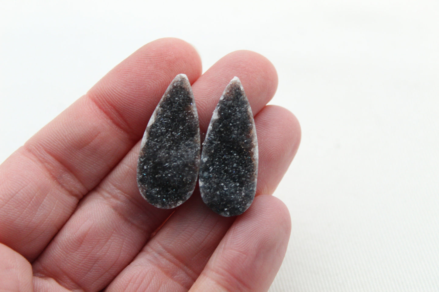 Black Druzy Pair Cabochons Drops